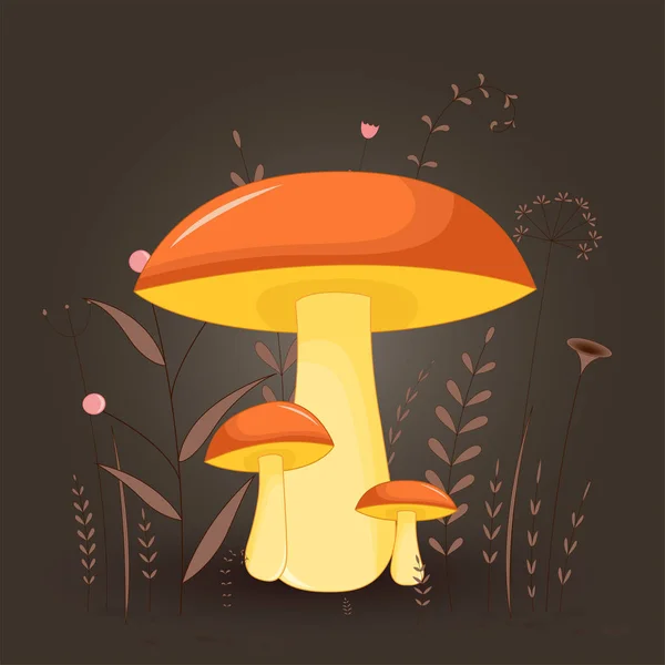 Cartão postal com cogumelos suillus em um fundo floral com ramos e plantas. Fabuloso fundo com desenhos animados . —  Vetores de Stock