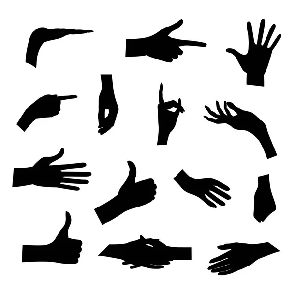 Ensemble de silhouettes de mains dans différentes poses isolées sur fond blanc. illustration vectorielle. Collecter les émotions, les signes. Tenant la main . — Image vectorielle