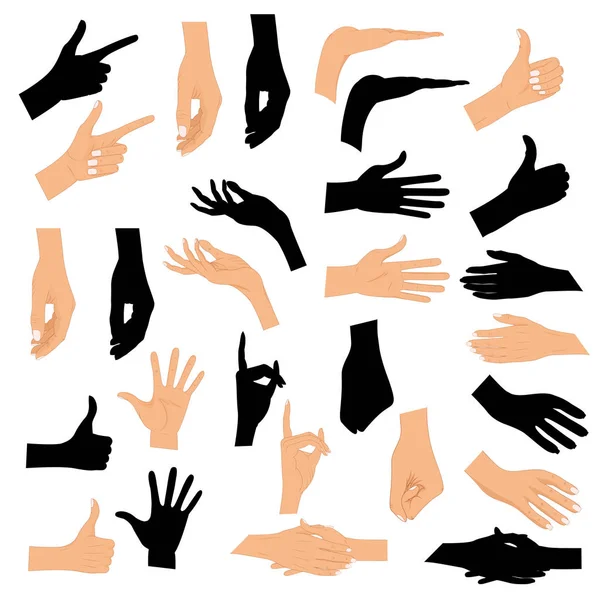 Coloca las manos en diferentes gestos con una silueta negra aislada sobre fondo blanco. Gestos de mano coloreados con uñas cuidadas y buena ilustración de vectores de piel. Colección emociones, signos . — Vector de stock
