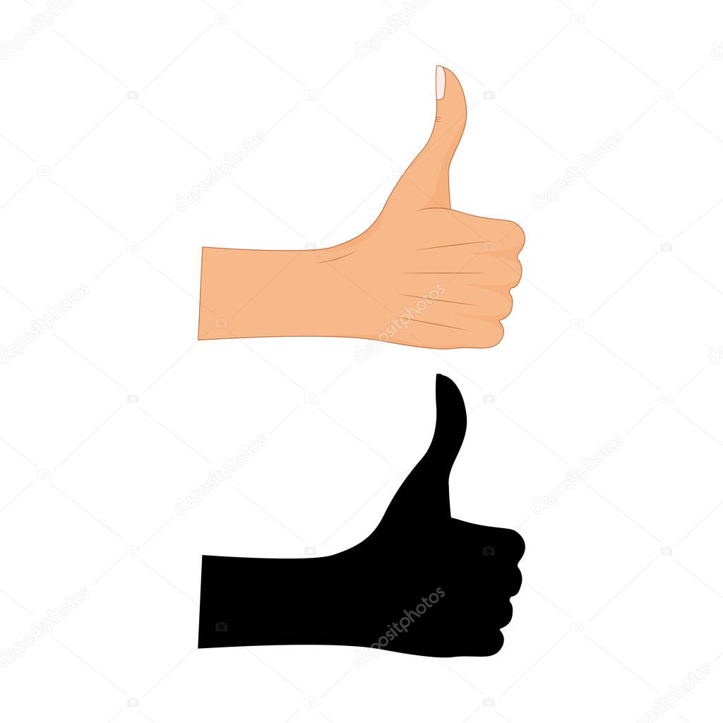 Hand thumb up sign with a black silhouette on a white background. Vector illustration. Positive feedback, good gestures, like. Flat style vector concept illustration isolated on white background.
