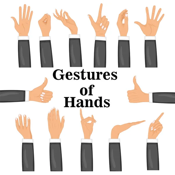 Placez les mains dans différents gestes isolés sur fond blanc. Un geste coloré à la main avec des ongles soignés et une bonne illustration vectorielle de la peau. Collecte émotions, signes . — Image vectorielle