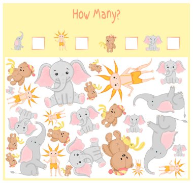 Oyun okul öncesi çocuklar için sayma. Matematik eğitici bir oyun. Kaç öğe sayısı ve sonuç yazmak. Yerli ve vahşi hayvanlar. Doğa.