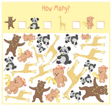 Oyun okul öncesi çocuklar için sayma. Matematik eğitici bir oyun. Kaç öğe sayısı ve sonuç yazmak. Yerli ve vahşi hayvanlar. Doğa.