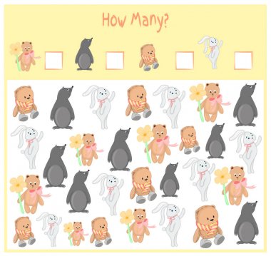Oyun okul öncesi çocuklar için sayma. Matematik eğitici bir oyun. Kaç öğe sayısı ve sonuç yazmak. Yerli ve vahşi hayvanlar. Doğa.