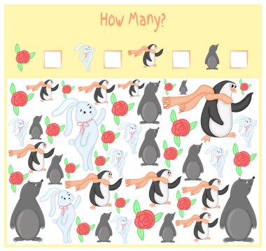 Oyun okul öncesi çocuklar için sayma. Matematik eğitici bir oyun. Kaç öğe sayısı ve sonuç yazmak. Yerli ve vahşi hayvanlar. Doğa.