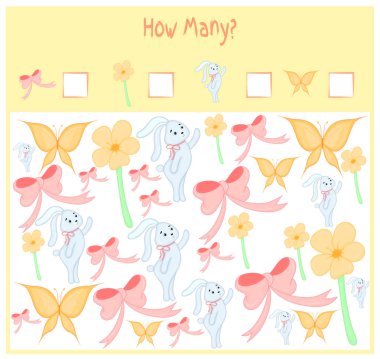 Oyun okul öncesi çocuklar için sayma. Matematik eğitici bir oyun. Kaç öğe sayısı ve sonuç yazmak. Yerli ve vahşi hayvanlar. Doğa.