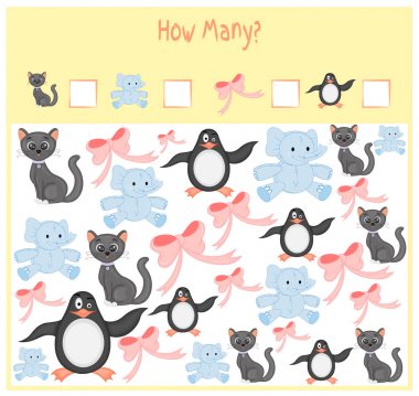 Oyun okul öncesi çocuklar için sayma. Matematik eğitici bir oyun. Kaç öğe sayısı ve sonuç yazmak. Yerli ve vahşi hayvanlar. Doğa.