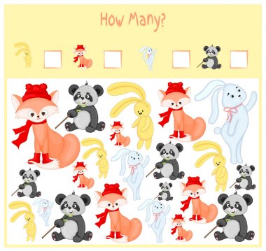 Oyun okul öncesi çocuklar için sayma. Matematik eğitici bir oyun. Kaç öğe sayısı ve sonuç yazmak. Yerli ve vahşi hayvanlar. Doğa.