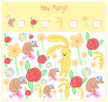 Oyun okul öncesi çocuklar için sayma. Matematik eğitici bir oyun. Kaç öğe sayısı ve sonuç yazmak. Yerli ve vahşi hayvanlar. Doğa.