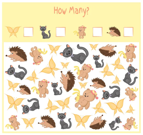 Räkna spel för förskolebarn. En matematisk pedagogiska spel. Räkna hur många objekt och skriva resultatet. Vilda och tama djur. Naturen. — Stock vektor