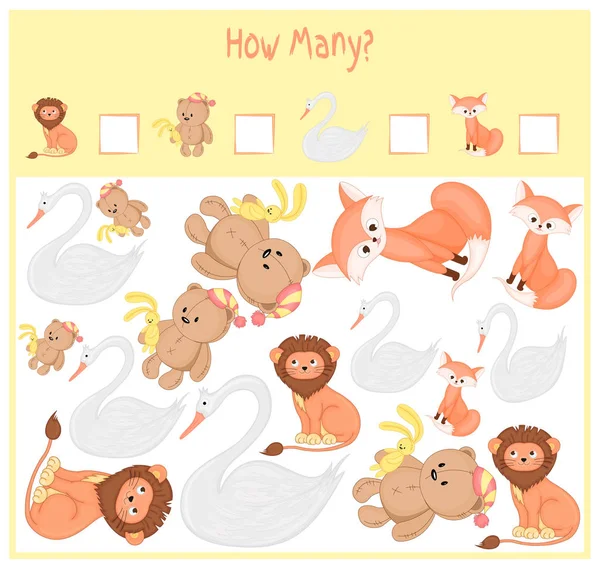 Cuenta el juego para los niños preescolares. Un juego educativo matemático. Cuente cuántos artículos y escriba el resultado. Animales salvajes y domésticos. Naturaleza . — Vector de stock