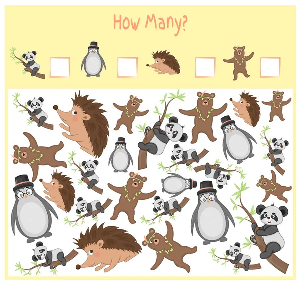 Räkna spel för förskolebarn. En matematisk pedagogiska spel. Räkna hur många objekt och skriva resultatet. Vilda och tama djur. Naturen. — Stock vektor