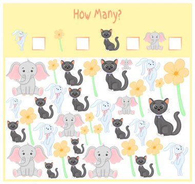 Oyun okul öncesi çocuklar için sayma. Matematik eğitici bir oyun. Kaç öğe sayısı ve sonuç yazmak. Yerli ve vahşi hayvanlar. Doğa.