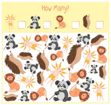 Counting game for Preschool Children. A mathematical Educational game. Count how many items and write the result. Wild and domestic animals. Nature. clipart