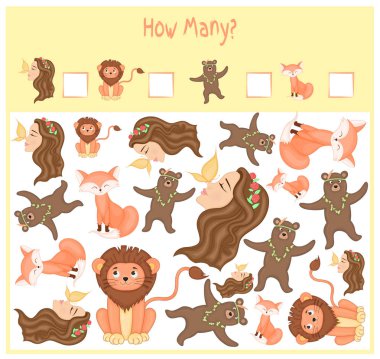 Oyun okul öncesi çocuklar için sayma. Matematik eğitici bir oyun. Kaç öğe sayısı ve sonuç yazmak. Yerli ve vahşi hayvanlar. Doğa.