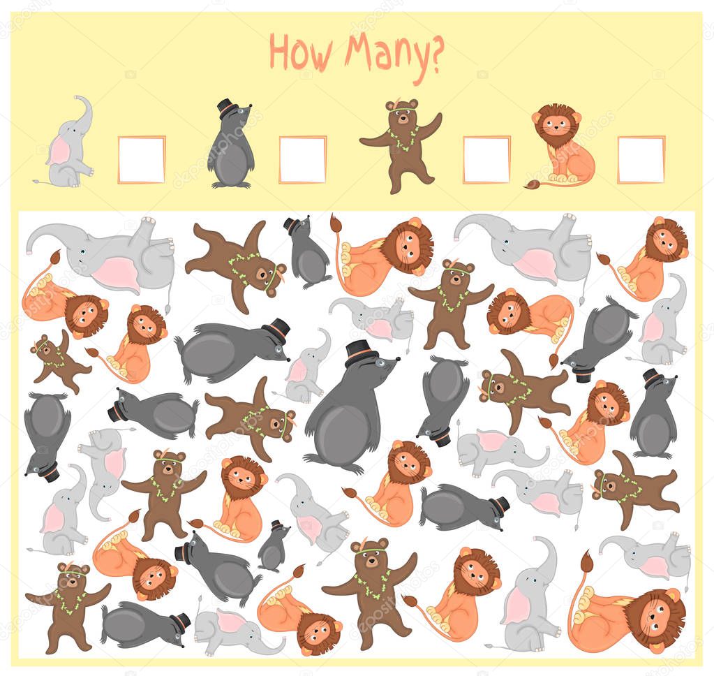 Counting game for Preschool Children. A mathematical Educational game. Count how many items and write the result. Wild and domestic animals. Nature.