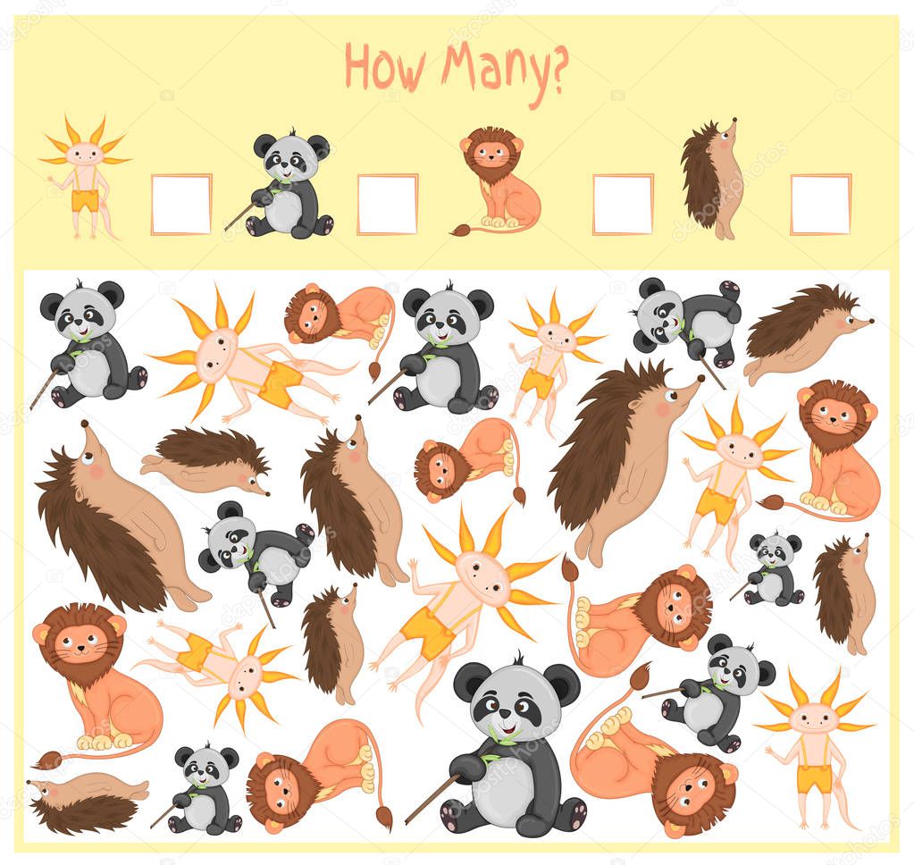 Counting game for Preschool Children. A mathematical Educational game. Count how many items and write the result. Wild and domestic animals. Nature.