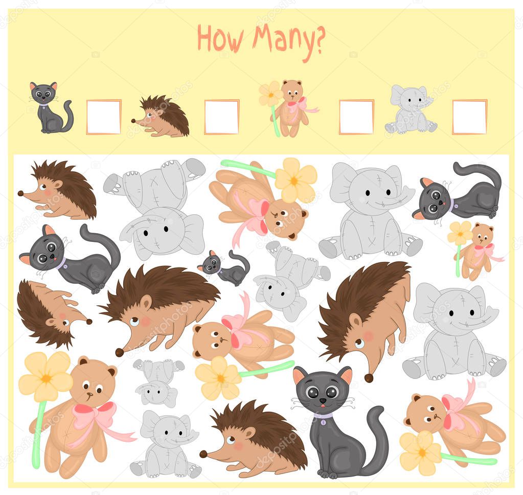 Counting game for Preschool Children. A mathematical Educational game. Count how many items and write the result. Wild and domestic animals. Nature.