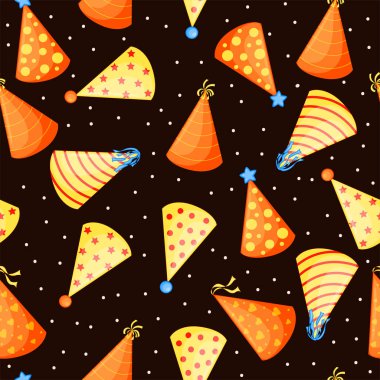 Birthday seamless multicolored pattern with caps on a white background. Cartoon style. Vector.