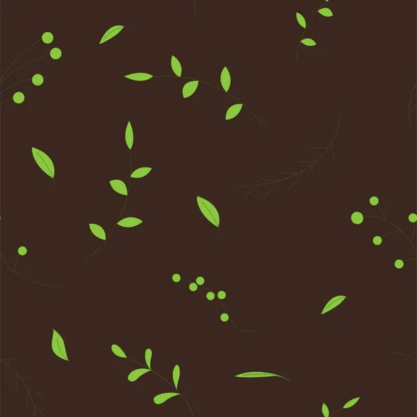 Sömlöst mönster med blad på en mörk bakgrund i tecknad stil — Stock vektor