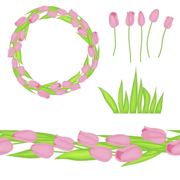Jarní set s tulipány pro návrh pohlednice nebo pozvánky na bílém pozadí — Stockový vektor