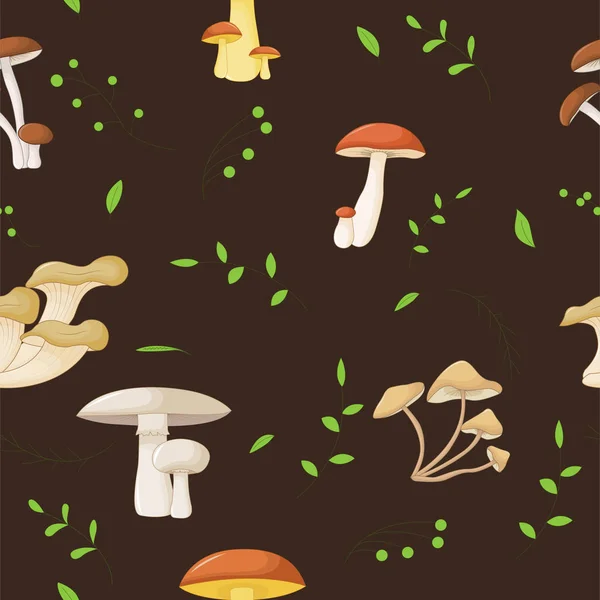 Naadloos patroon met champignons op een donkere achtergrond in cartoon stijl — Stockvector