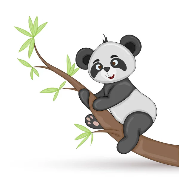 Geschenk-Postkarte mit Zeichentricktieren Panda. dekorative florale Hintergrund mit Zweigen und Pflanzen. — Stockvektor