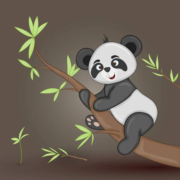 Geschenk-Postkarte mit Zeichentricktieren Panda. dekorative florale Hintergrund mit Zweigen und Pflanzen. — Stockvektor