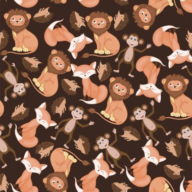 Çizgi film tarzında koyu arkaplan üzerinde sevimli hayvanlar olan kusursuz bir desen.