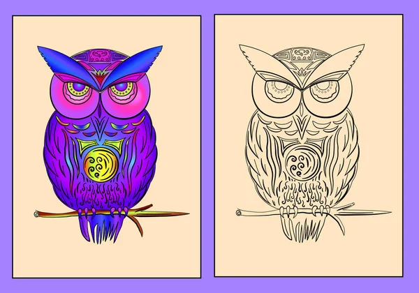 Coloring book with bright, colorful owls — Stock Vector