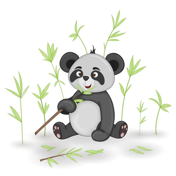 Geschenk-Postkarte mit Zeichentricktieren Panda. dekorative florale Hintergrund mit Zweigen und Pflanzen. — Stockvektor