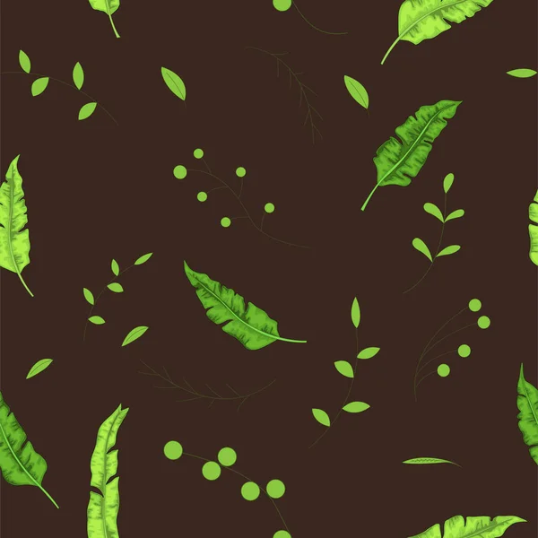 Sömlöst mönster med blad på en mörk bakgrund i tecknad stil — Stock vektor