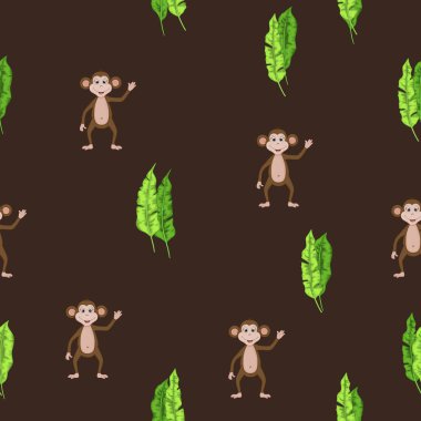 Çizgi film tarzında koyu arkaplanda şirin maymunlar olan kusursuz bir desen.