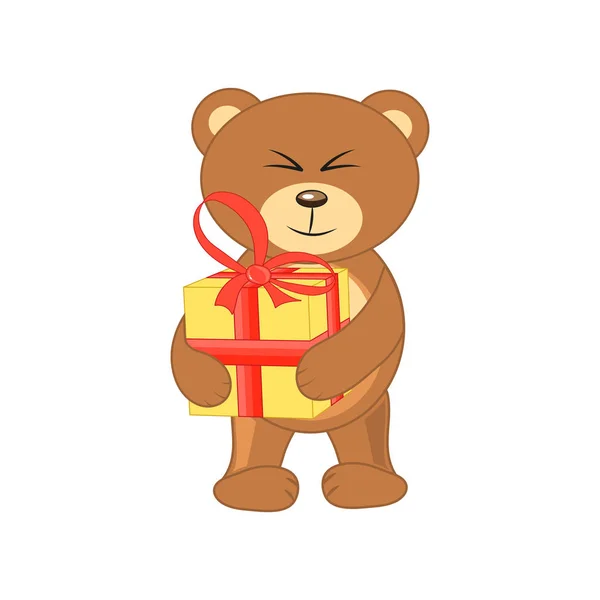 Urso com um presente em mãos no fundo branco — Vetor de Stock