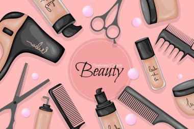 Bir dizi güzel eşyayla birlikte metin için şablon. Çizgi film tarzı. Vektör illüstrasyonu.