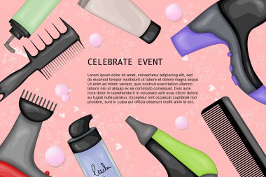 Saç bakım kiti olan bir metin şablonu. Çizgi film tarzı. Vektör illüstrasyonu.