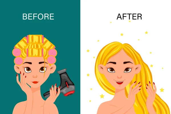 Personaje femenino "antes" y "después" usando rulos. Estilo de dibujos animados. Ilustración vectorial . — Vector de stock