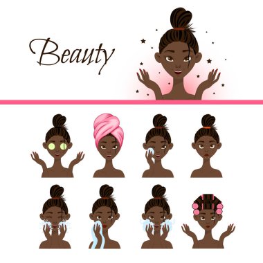 Yüzü için farklı estetik prosedürleri olan siyah bir kadın karakter. Çizgi film tarzı. Vektör illüstrasyonu.