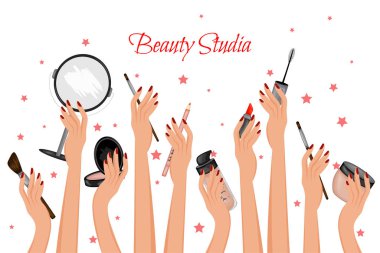 Makyaj malzemelerini tutan kadın elleri. Çizgi film tarzı. Vektör illüstrasyonu.