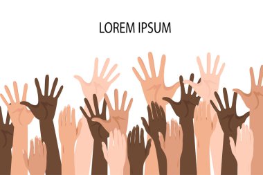 Farklı milletlerden insanların el kaldırdığı metin şablonu. Çizgi film tarzı. Vektör illüstrasyonu.