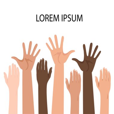 Farklı milletlerden insanların el kaldırdığı metin şablonu. Çizgi film tarzı. Vektör illüstrasyonu.