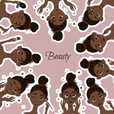 Siyah kadın karakterler ve kozmetik ürünler içeren metin şablonu. Çizgi film tarzı. Vektör illüstrasyonu.