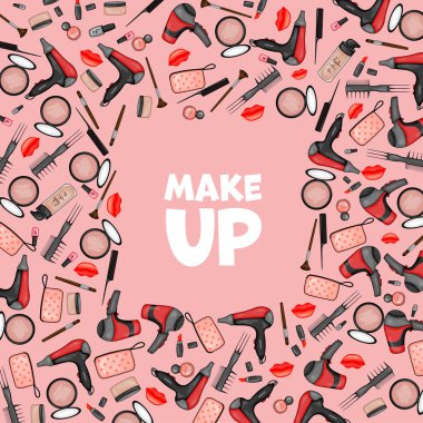 Bir dizi güzel eşyayla metin için çerçeve. Çizgi film tarzı. Vektör illüstrasyonu.