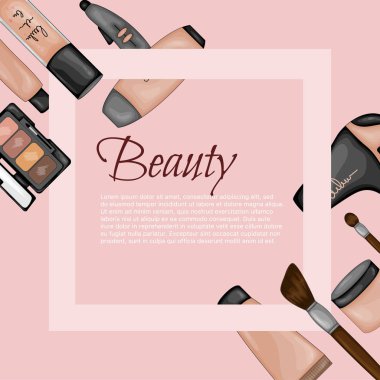 Bir dizi güzel eşyayla metin için çerçeve. Çizgi film tarzı. Vektör illüstrasyonu.