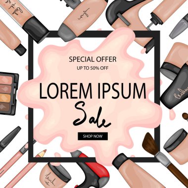 Bir dizi güzel eşyayla metin için çerçeve. Çizgi film tarzı. Vektör illüstrasyonu.