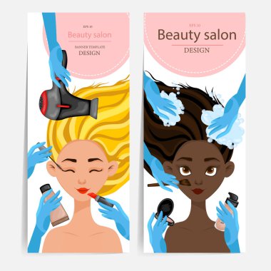 Kadın karakterli broşürler, metin için şablon. Çizgi film tarzı. Vektör illüstrasyonu.