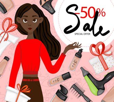 Esmer tenli kız kozmetik ürünlerinin satışında indirim teklif ediyor. Çizgi film tarzı. Vektör illüstrasyonu.
