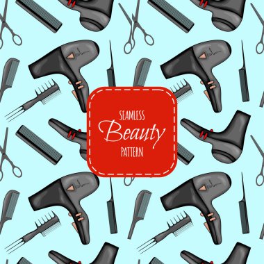 Kuaför malzemeleriyle kusursuz bir desen. Çizgi film tarzı. Vektör illüstrasyonu.