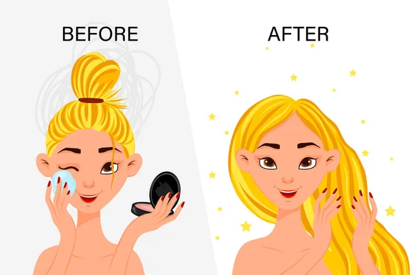 Caráter feminino "antes" e "depois" do procedimento cosmético. Estilo dos desenhos animados. Ilustração vetorial . — Vetor de Stock