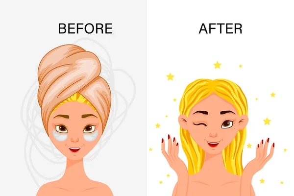 Female character "before" and "after" cosmetic mask. Cartoon style. Vector illustration. — Stock Vector